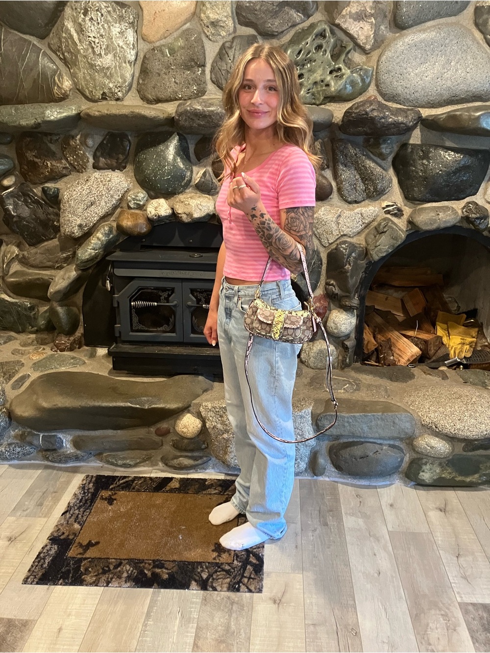 Coach Crossbody Bag in Signature Print with Green Snake-Print Accents - Picture 8 of 10